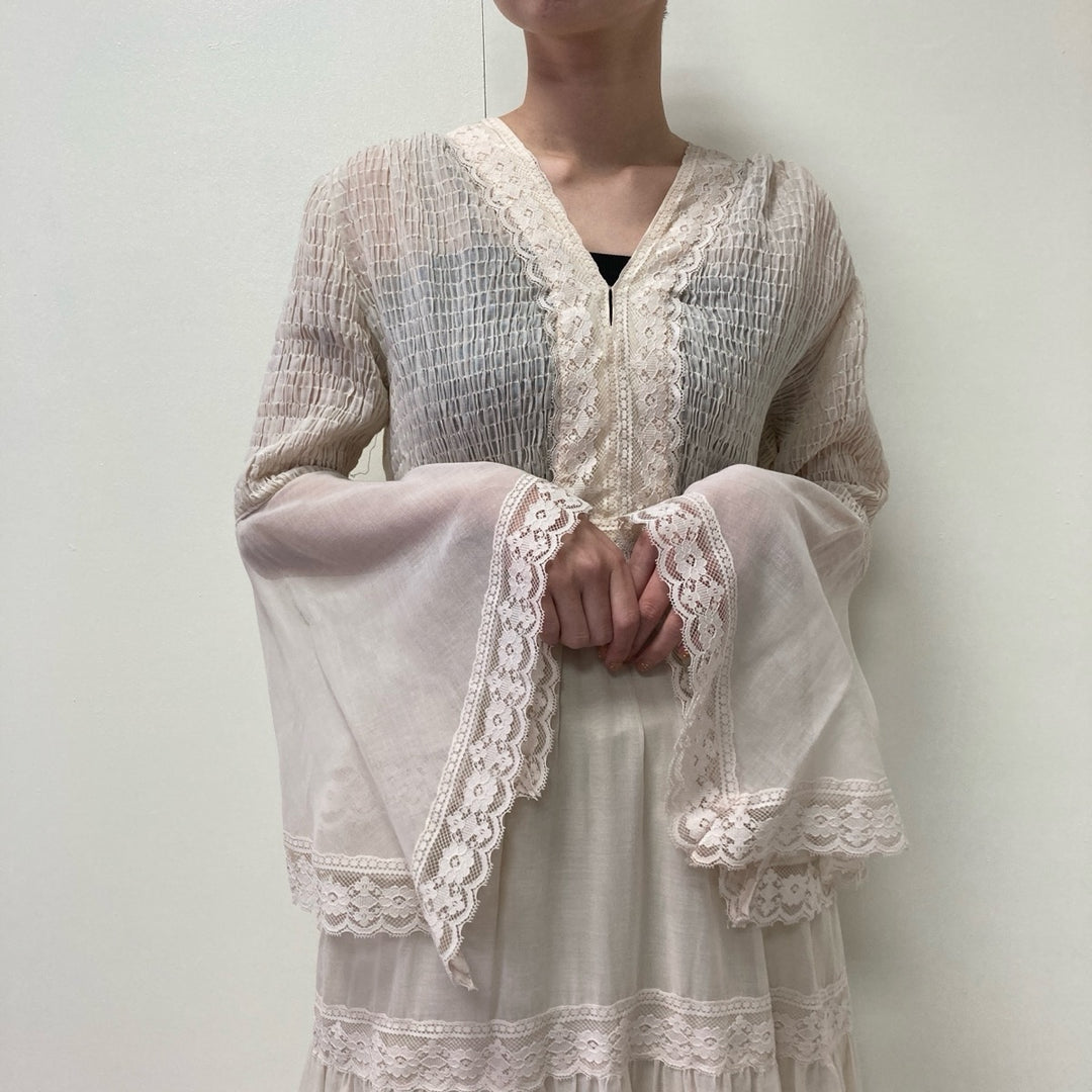 70'S Bernie Bee Sport shirred flare sleeve maxi length flare dress women's L vintage /evb002823