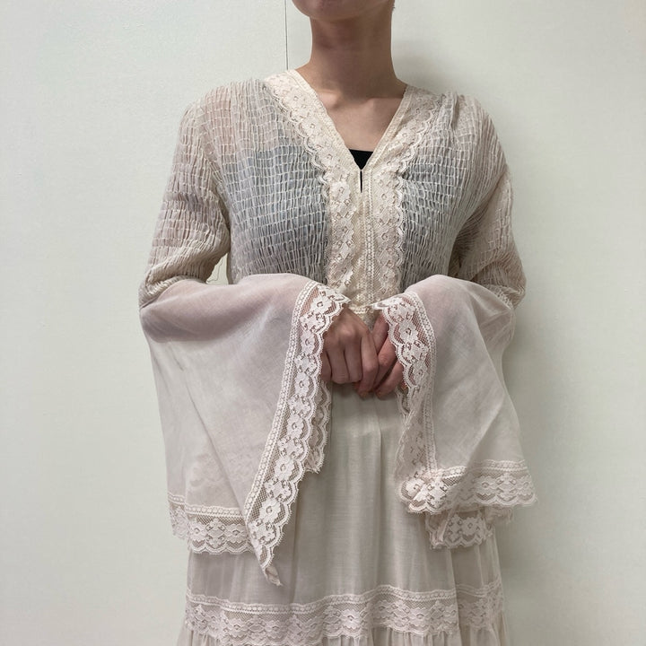 70'S Bernie Bee Sport shirred flare sleeve maxi length flare dress women's L vintage /evb002823