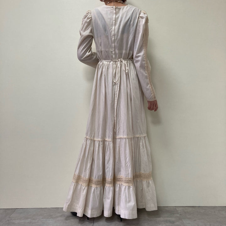 Vintage 70'S V-neck maxi long sleeve flared dress, women's size L polyester ivory Vintage Second Hand