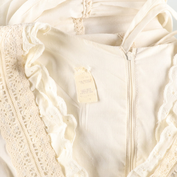 Vintage 70'S V-neck maxi long sleeve flared dress, women's size L polyester ivory Vintage Second Hand