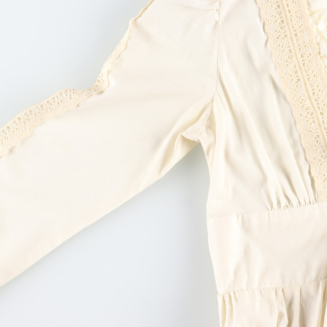 Vintage 70'S V-neck maxi long sleeve flared dress, women's size L polyester ivory Vintage Second Hand