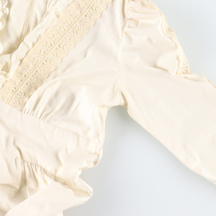 Vintage 70'S V-neck maxi long sleeve flared dress, women's size L polyester ivory Vintage Second Hand