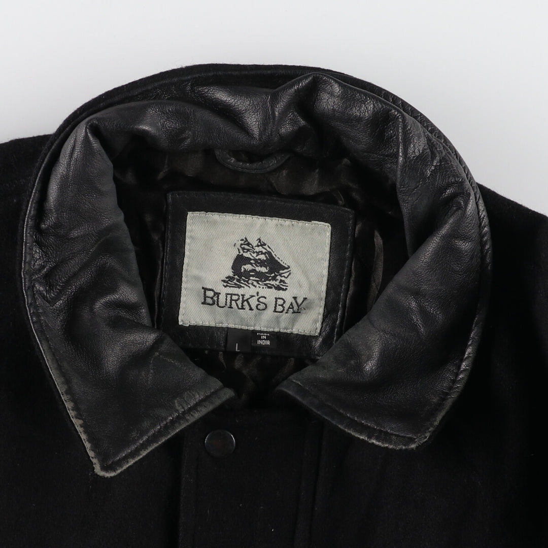 All black BURK'S BAY collared leather sleeve wool varsity jacket award jacket varsity jacket men's L /evb002860