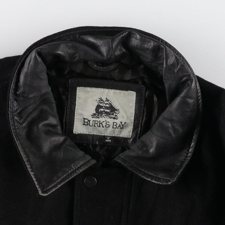 All black BURK'S BAY collared leather sleeve wool varsity jacket award jacket varsity jacket men's L /evb002860