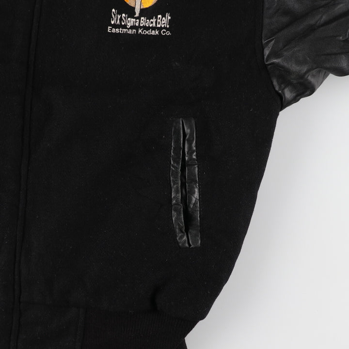 All black BURK'S BAY collared leather sleeve wool varsity jacket award jacket varsity jacket men's L /evb002860