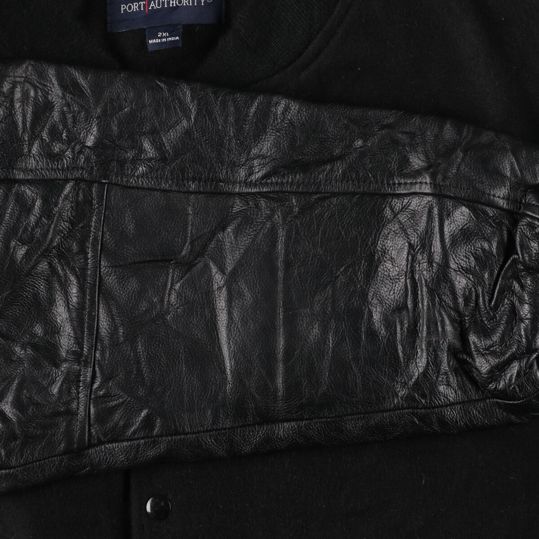 All black color PORT AUTHORITY leather sleeve wool varsity jacket award jacket varsity jacket men's XXL /evb002891