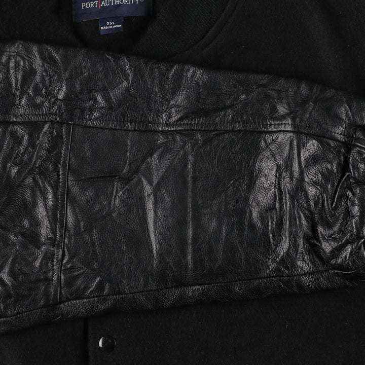 All black color PORT AUTHORITY leather sleeve wool varsity jacket award jacket varsity jacket men's XXL /evb002891