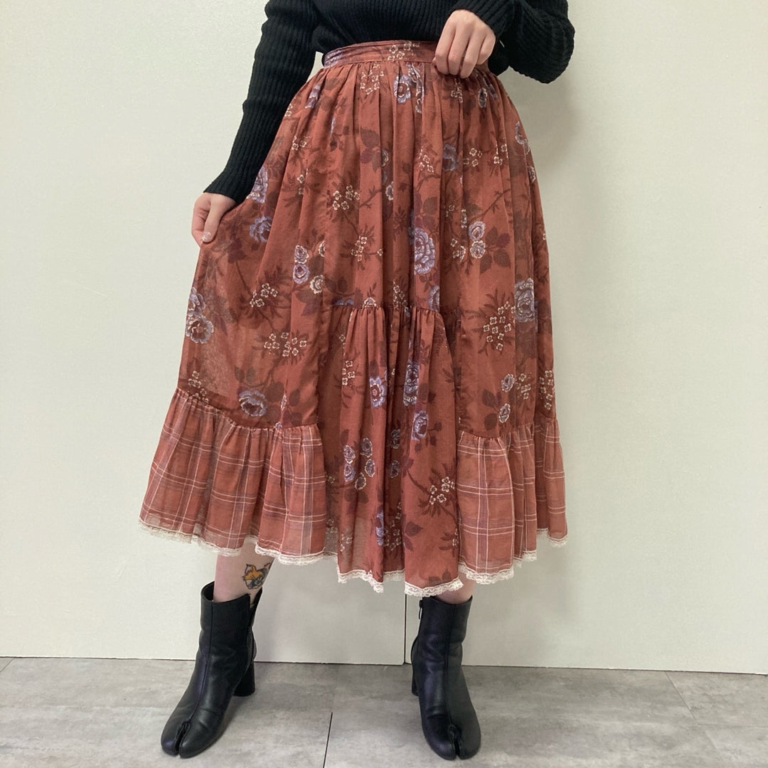 70'S Gunnesacks GUNNIES Jessica's Floral See-Through Long Flare Skirt Women's M Vintage /evb002958