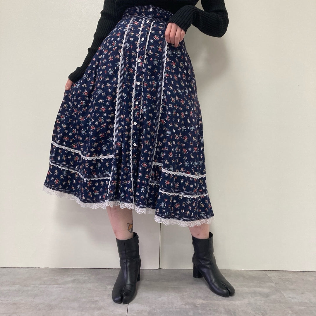 70'S Gunnesacks GUNNIES Jessica's Floral Print Open Front Long Flare Skirt Women's M Vintage /evb002960