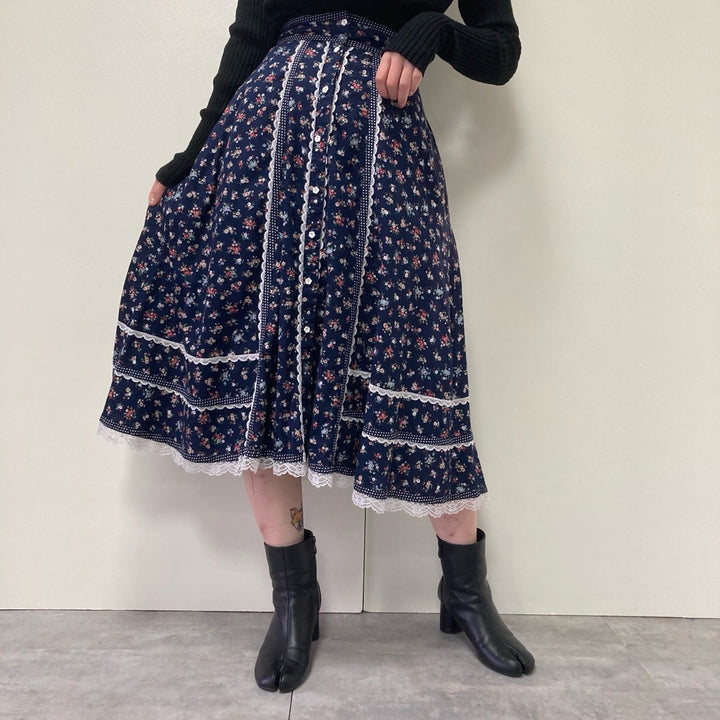 70'S Gunnesacks GUNNIES Jessica's Floral Print Open Front Long Flare Skirt Women's M Vintage /evb002960