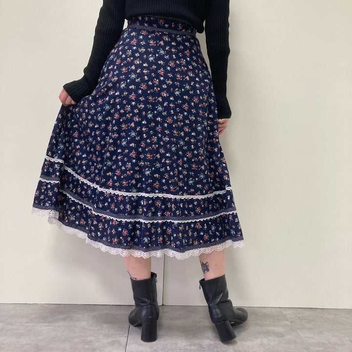 70'S Gunnesacks GUNNIES Jessica's Floral Print Open Front Long Flare Skirt Women's M Vintage /evb002960