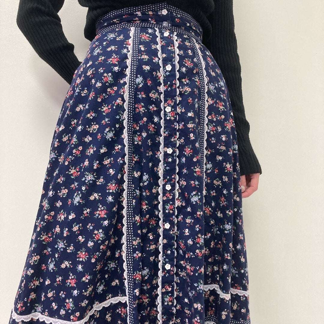 70'S Gunnesacks GUNNIES Jessica's Floral Print Open Front Long Flare Skirt Women's M Vintage /evb002960