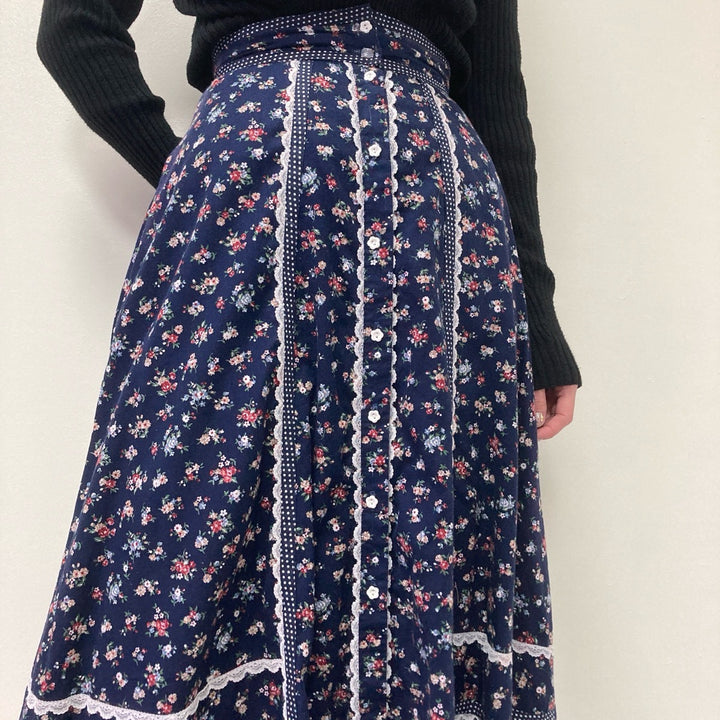 70'S Gunnesacks GUNNIES Jessica's Floral Print Open Front Long Flare Skirt Women's M Vintage /evb002960