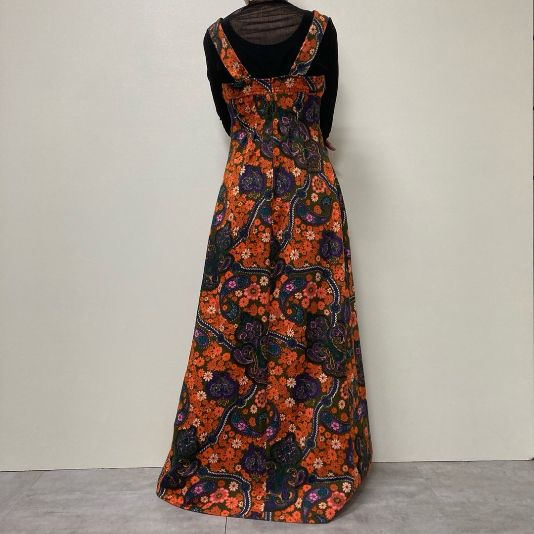 70'S UNKNOWN All-over Floral Psychedelic Pattern Maxi Length Sleeveless Dress Women's L Vintage /evb002973