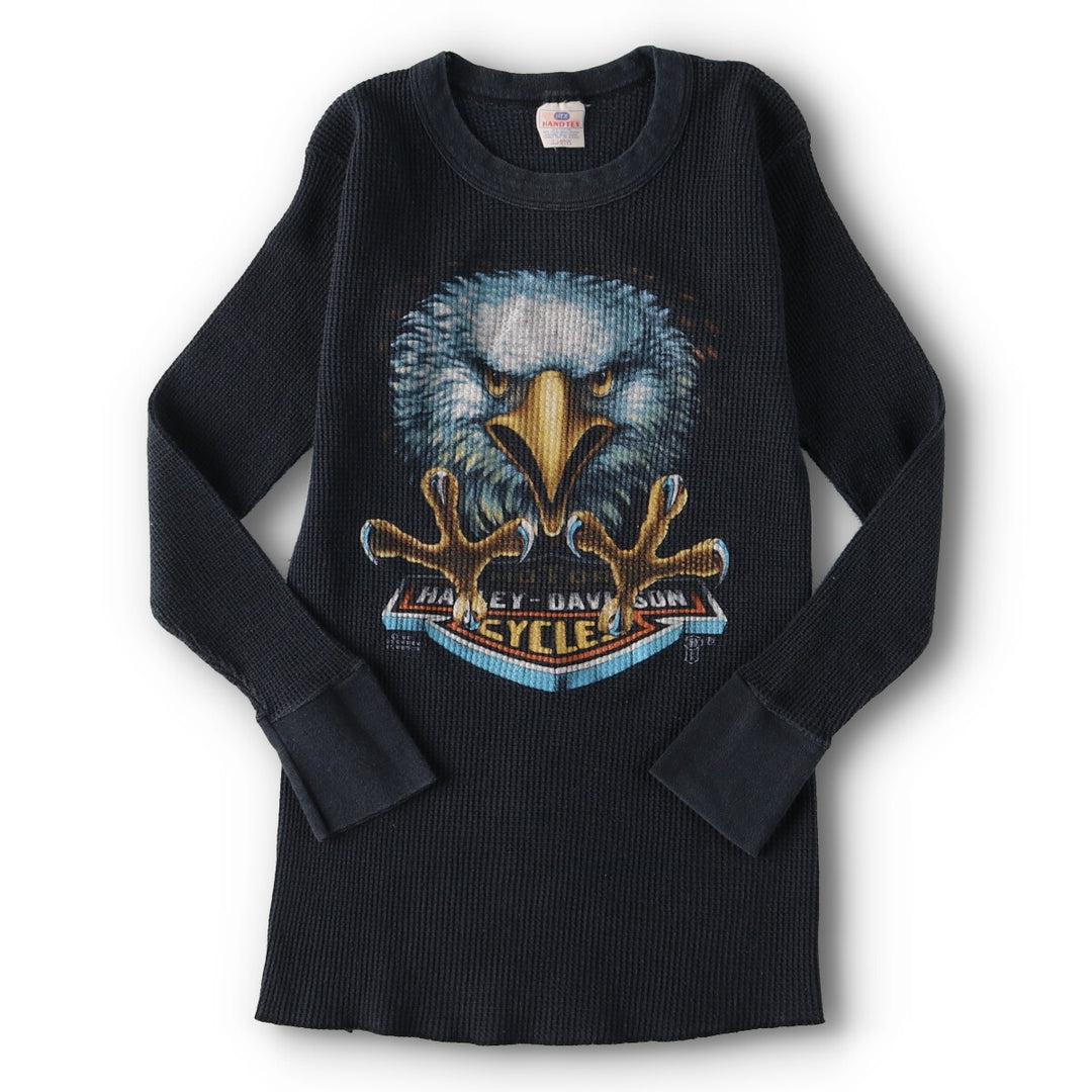 80'S HANDTEX Harley-Davidson 3D EMBLEM Eagle Pattern Thermal Long Sleeve T-Shirt Waffle Made in USA Women's XL Vintage /evb003263