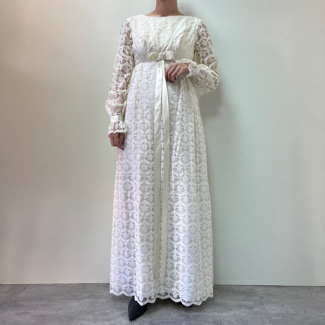 70'S UNKNOWN wedding dress, all lace, maxi length, flared dress, made in USA, women's M, vintage /evb003341