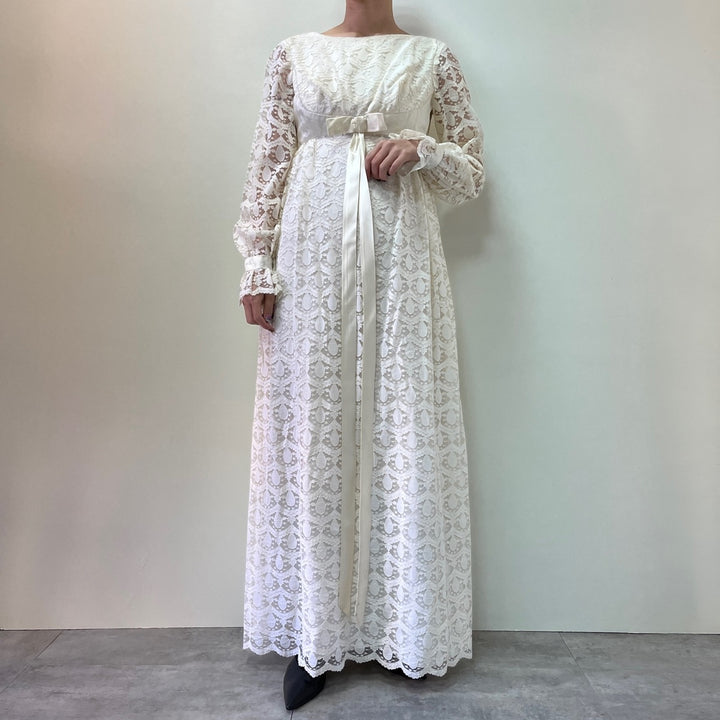 70'S UNKNOWN wedding dress, all lace, maxi length, flared dress, made in USA, women's M, vintage /evb003341