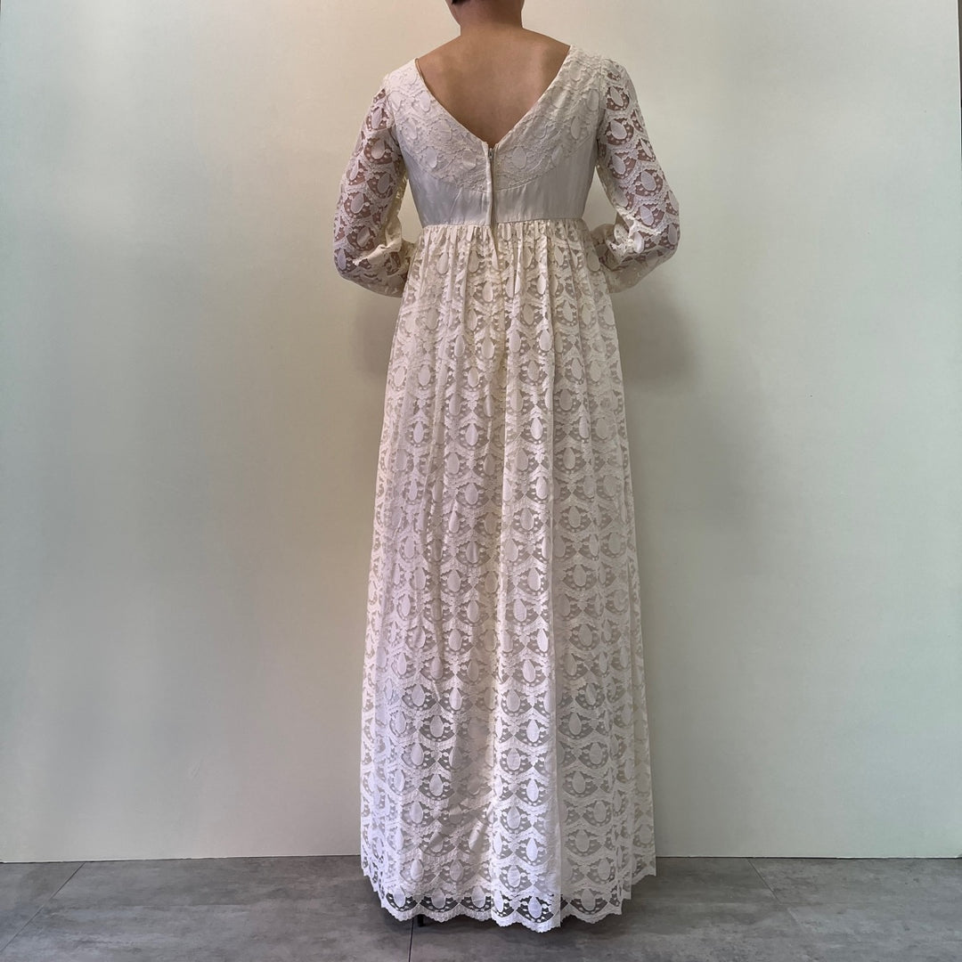 70'S UNKNOWN wedding dress, all lace, maxi length, flared dress, made in USA, women's M, vintage /evb003341