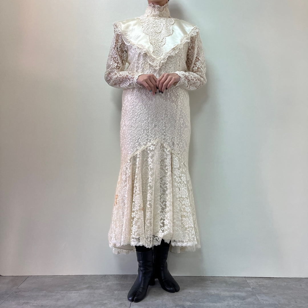 70'S JESSICA McCLINTOCK Wedding All-Lace Long Sleeve Mermaid Dress Made in USA Women's L Vintage /evb003343