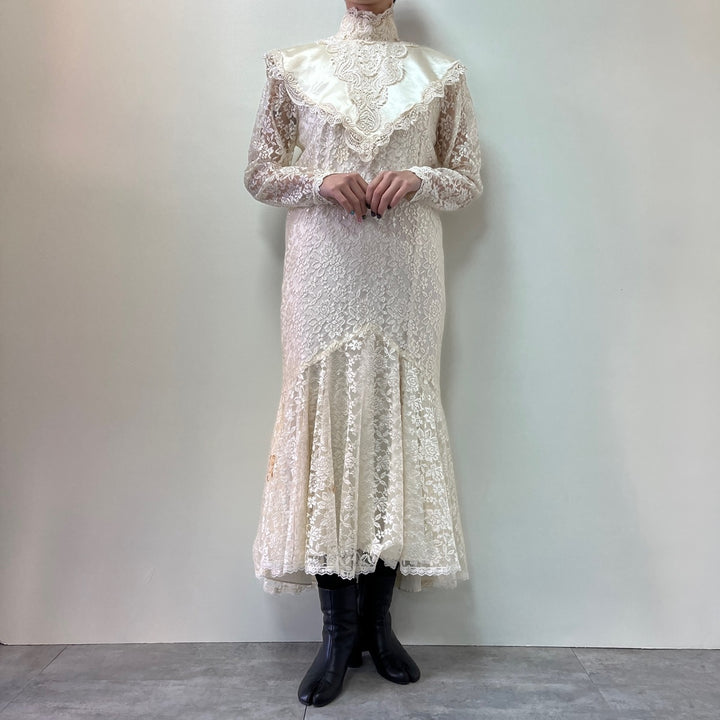 70'S JESSICA McCLINTOCK Wedding All-Lace Long Sleeve Mermaid Dress Made in USA Women's L Vintage /evb003343