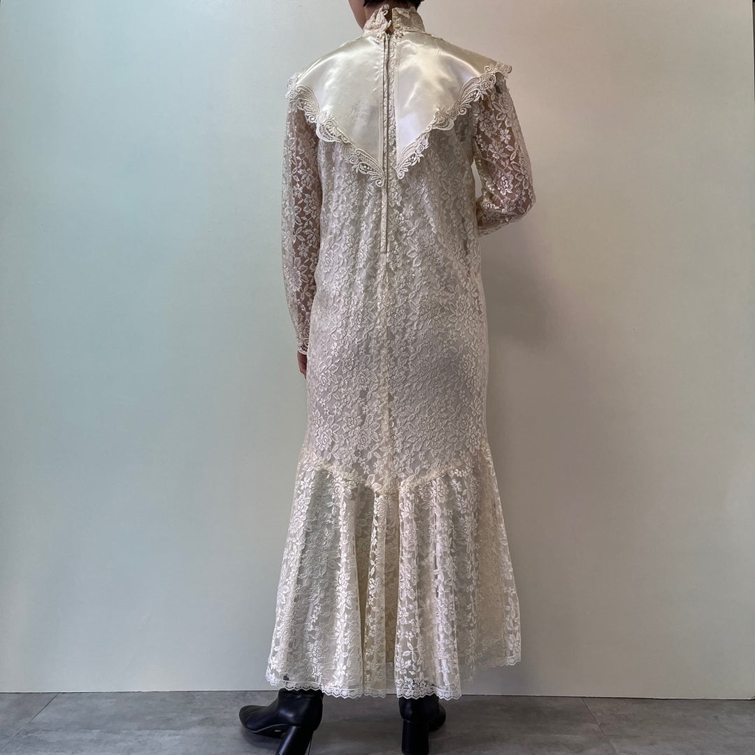 70'S JESSICA McCLINTOCK Wedding All-Lace Long Sleeve Mermaid Dress Made in USA Women's L Vintage /evb003343