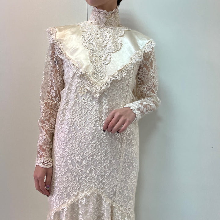 70'S JESSICA McCLINTOCK Wedding All-Lace Long Sleeve Mermaid Dress Made in USA Women's L Vintage /evb003343
