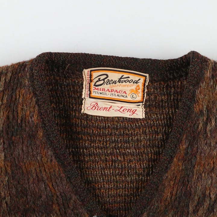 60'S Bren Twood Check Pattern Alpaca Blend Wool Knit Cardigan Men's L Vintage /evb003598