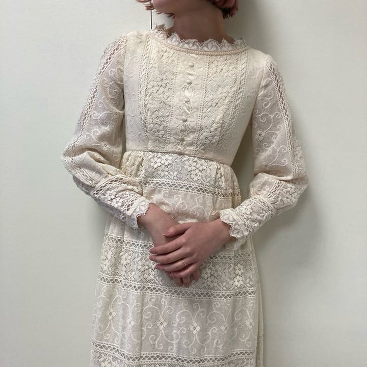 70'S Emma Domb wedding dress, all lace, maxi length, long sleeves, flared dress, made in USA, women's M, vintage /evb004501