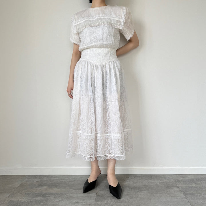 80'S Gunne Sax JESSICA McCLINTOCK all lace puff sleeve short sleeve flare dress made in USA women's M /evb004505