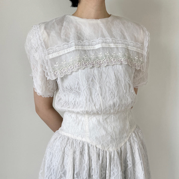 80'S Gunne Sax JESSICA McCLINTOCK all lace puff sleeve short sleeve flare dress made in USA women's M /evb004505