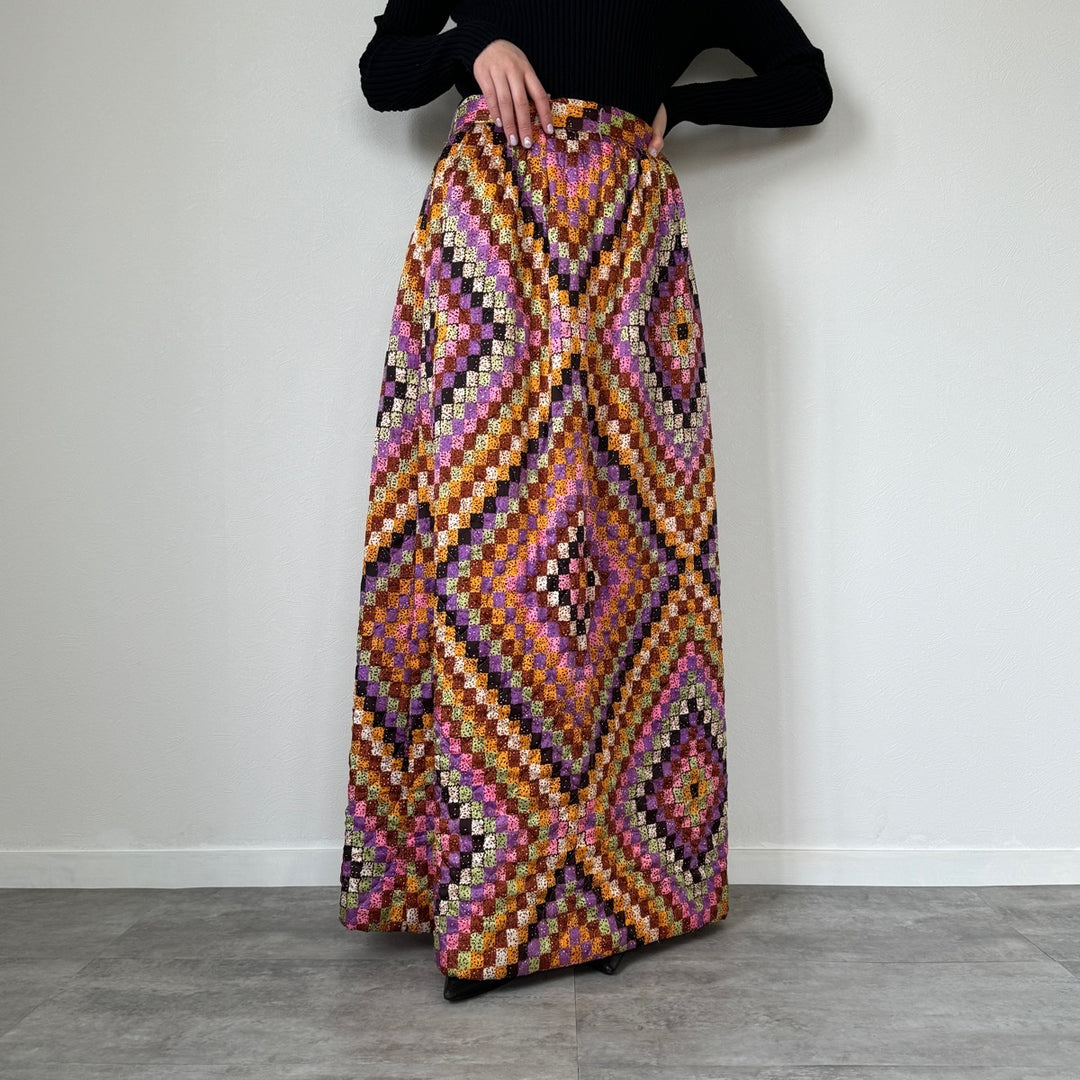 70'S UNKNOWN all-over print quilted maxi length A-line skirt women's M vintage /evb004517