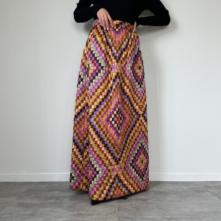 70'S UNKNOWN all-over print quilted maxi length A-line skirt women's M vintage /evb004517