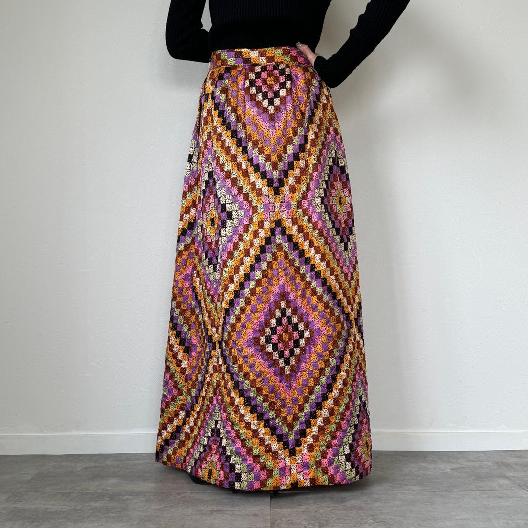 70'S UNKNOWN all-over print quilted maxi length A-line skirt women's M vintage /evb004517
