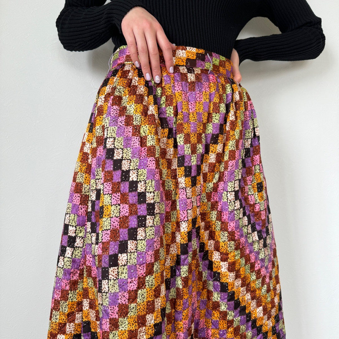 70'S UNKNOWN all-over print quilted maxi length A-line skirt women's M vintage /evb004517