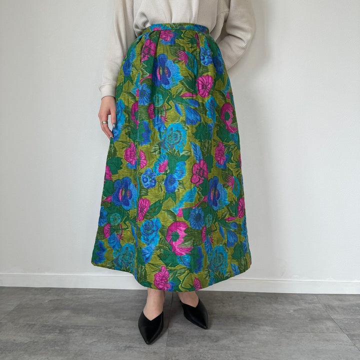 60s-70'S Alex Colman Floral Quilted Long Flare Skirt Women's S Vintage /evb004522