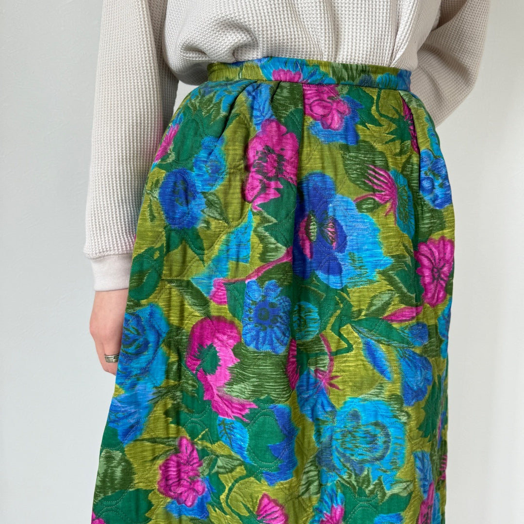 60s-70'S Alex Colman Floral Quilted Long Flare Skirt Women's S Vintage /evb004522
