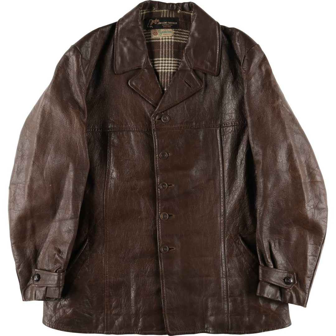 1940'S ~ JONSSONS FABRIKER Leather Car Coat Men's Size L Vintage Genuine Leather Goatskin brown type Vintage Second Hand