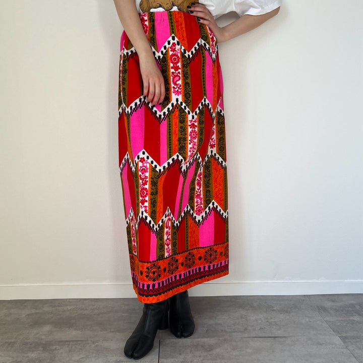 70'S Alice all-over print maxi length tight skirt women's M vintage /evb004536