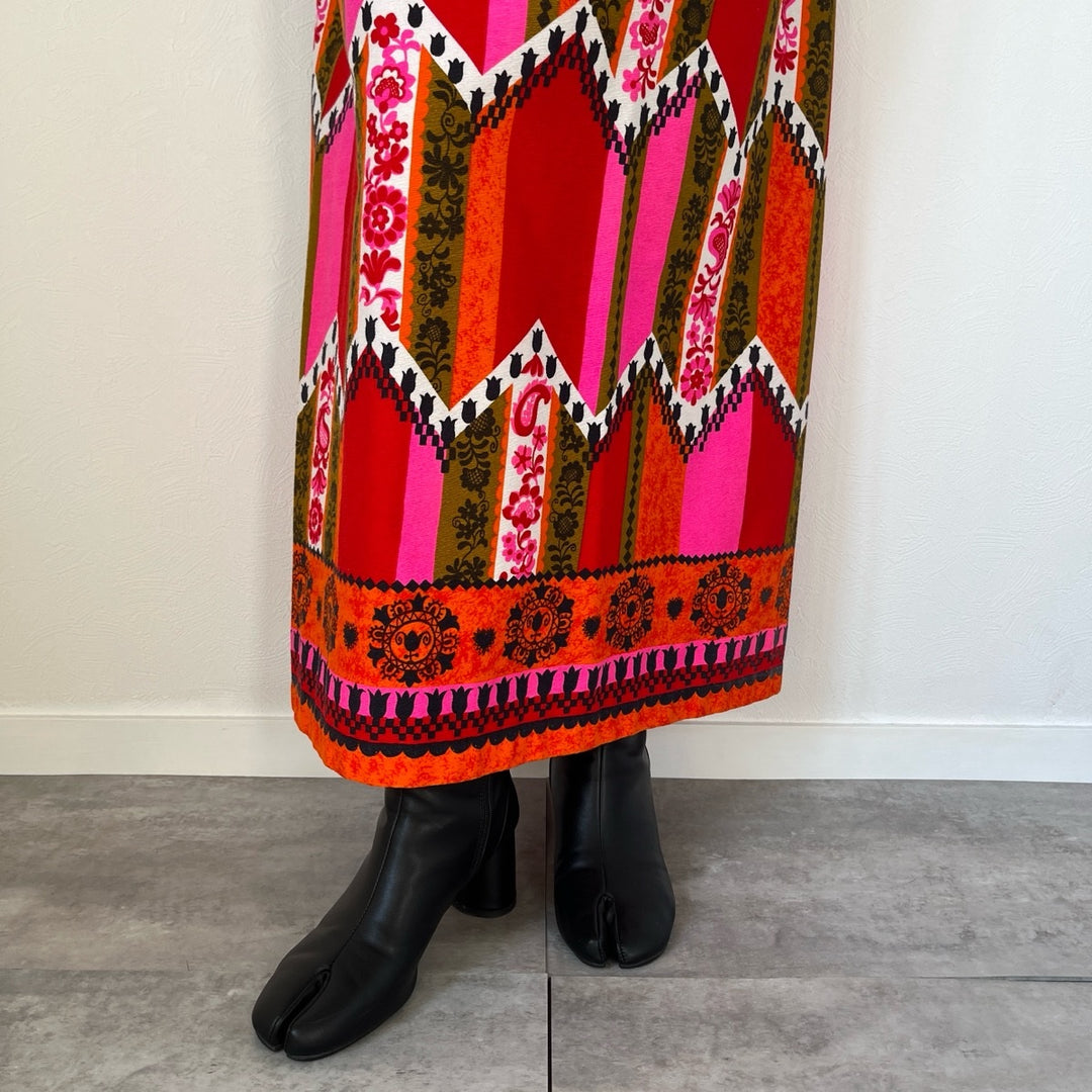 70'S Alice all-over print maxi length tight skirt women's M vintage /evb004536