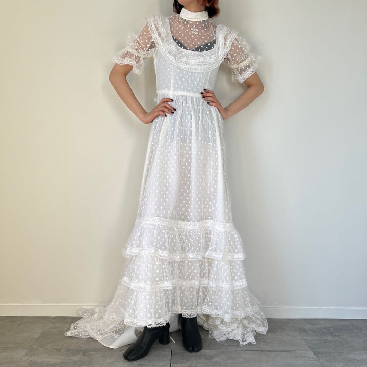 70'S UNKNOWN Wedding Dress, High Neck, Long Train, Maxi Length, Short Sleeve, Flared Dress, Women's M, Vintage /evb004538