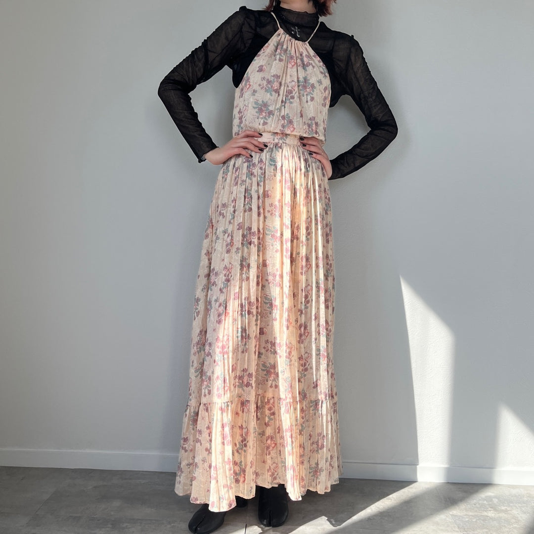 70'S UNKNOWN Floral American Sleeve Maxi Length Sleeveless Dress Women's S Vintage /evb004544