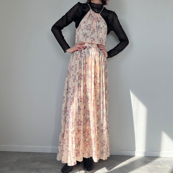 70'S UNKNOWN Floral American Sleeve Maxi Length Sleeveless Dress Women's S Vintage /evb004544