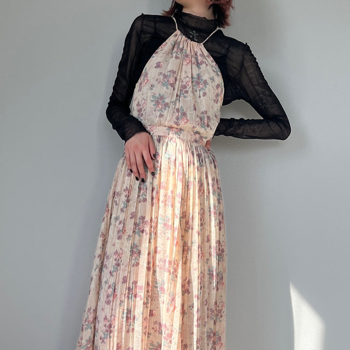 70'S UNKNOWN Floral American Sleeve Maxi Length Sleeveless Dress Women's S Vintage /evb004544