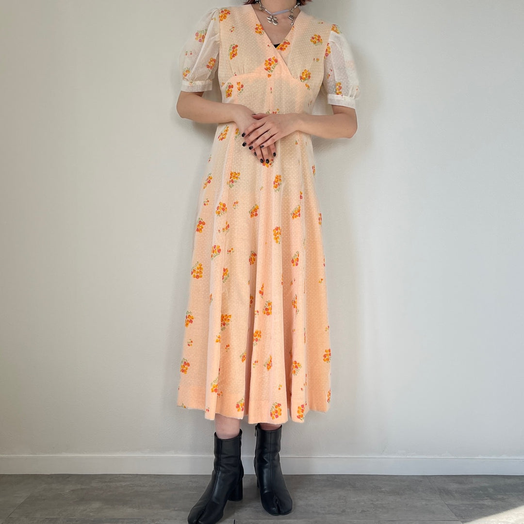 70'S UNKNOWN Floral Dot Pattern V-neck Short Sleeve Dress Women's L Vintage /evb004549