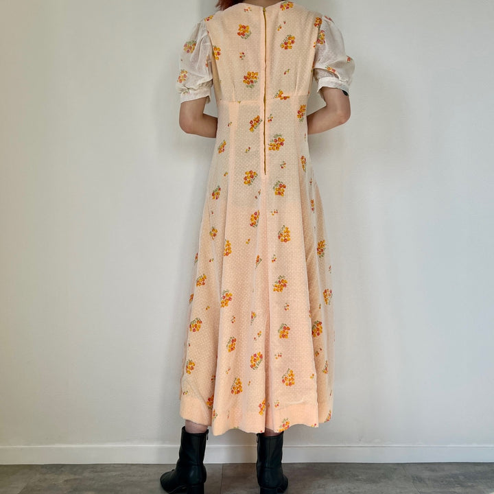 70'S UNKNOWN Floral Dot Pattern V-neck Short Sleeve Dress Women's L Vintage /evb004549