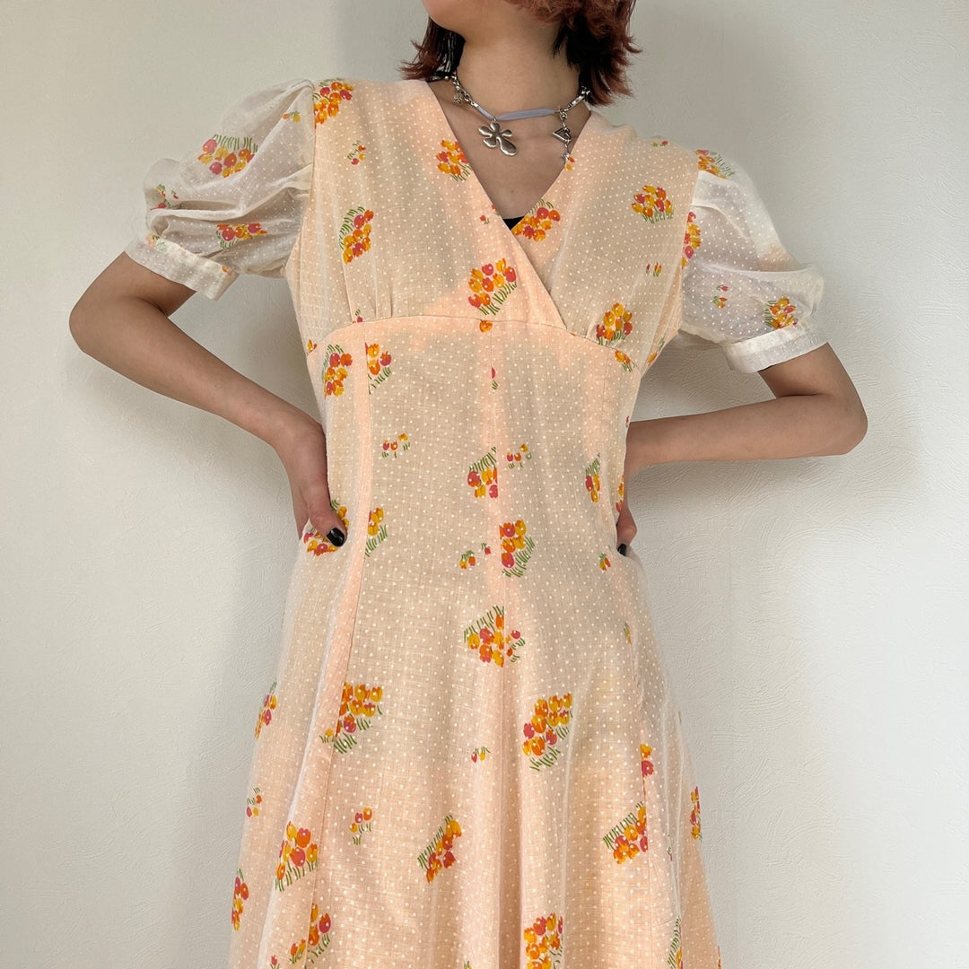 70'S UNKNOWN Floral Dot Pattern V-neck Short Sleeve Dress Women's L Vintage /evb004549