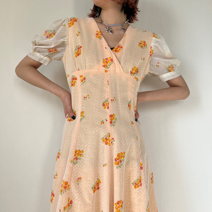 70'S UNKNOWN Floral Dot Pattern V-neck Short Sleeve Dress Women's L Vintage /evb004549