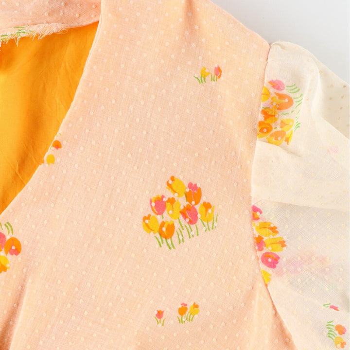 70'S UNKNOWN Floral Dot Pattern V-neck Short Sleeve Dress Women's L Vintage /evb004549