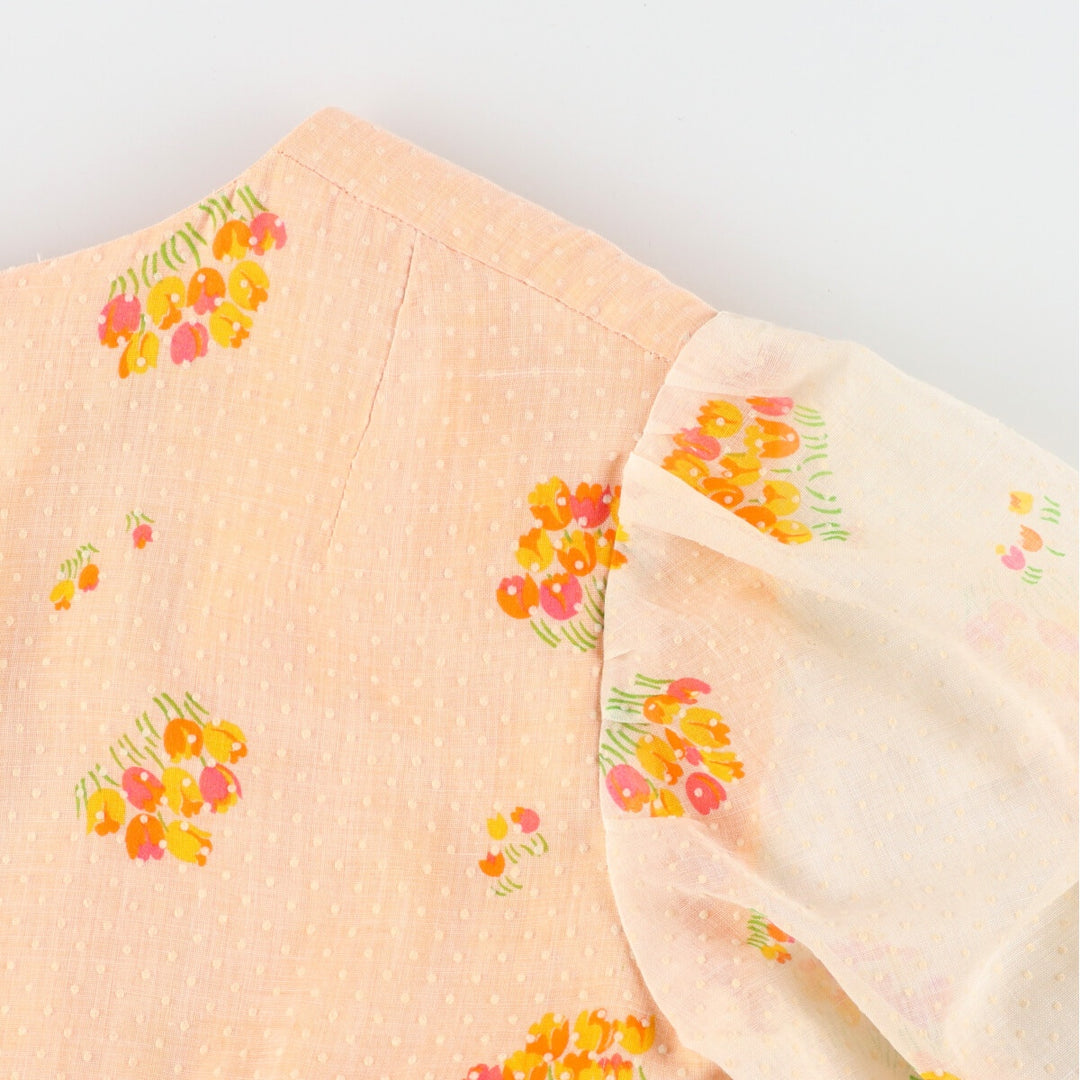 70'S UNKNOWN Floral Dot Pattern V-neck Short Sleeve Dress Women's L Vintage /evb004549