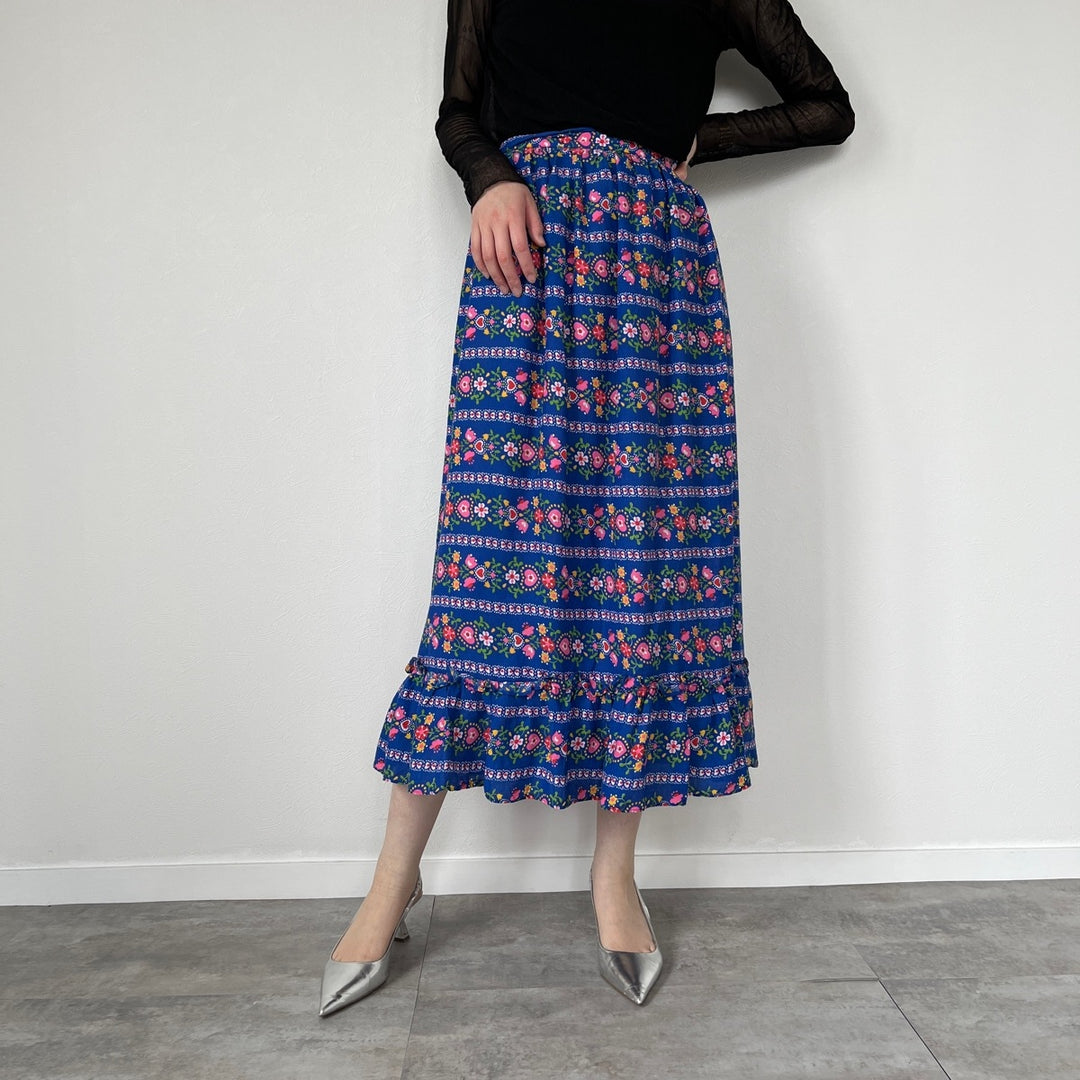 70'S UNKNOWN Floral Ruffled Long Gathered Skirt Women's M (w26) Vintage /evb004563